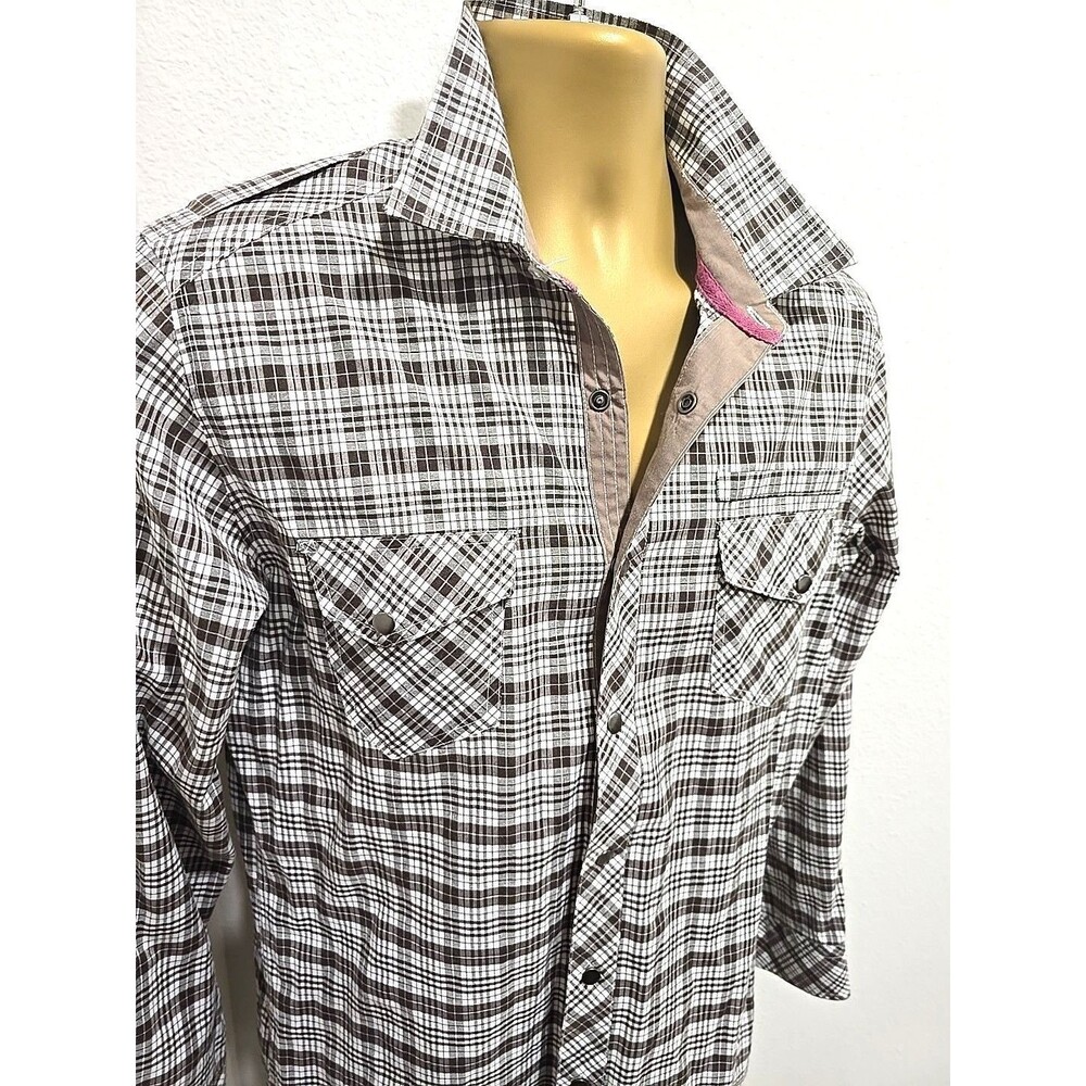 Vintage Structure Snap Shirt Mens Lge Brown Plaid Western Sawtooth Pockets Ranch
